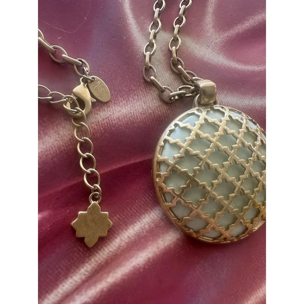 Lia Sophia Kiam Family Necklace Gold Tone Medallion Pendant Green Enamel Lattice